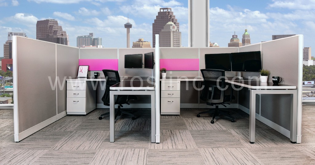modern office cubicles with pink art