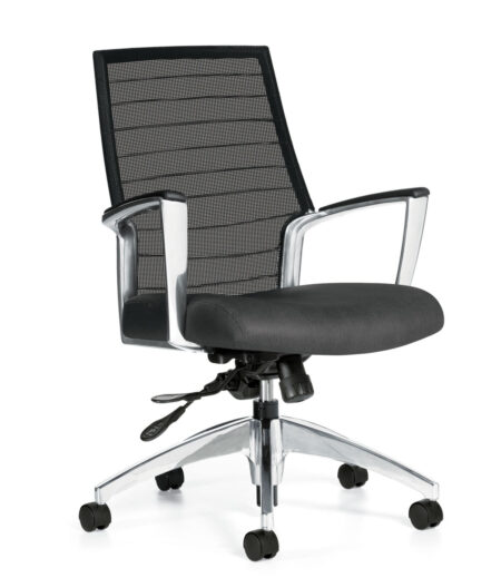 Quarter view of Global Furniture's Accord work chair. It has a silver wheel base and a mesh back. This product is featured in black polyester fabric.