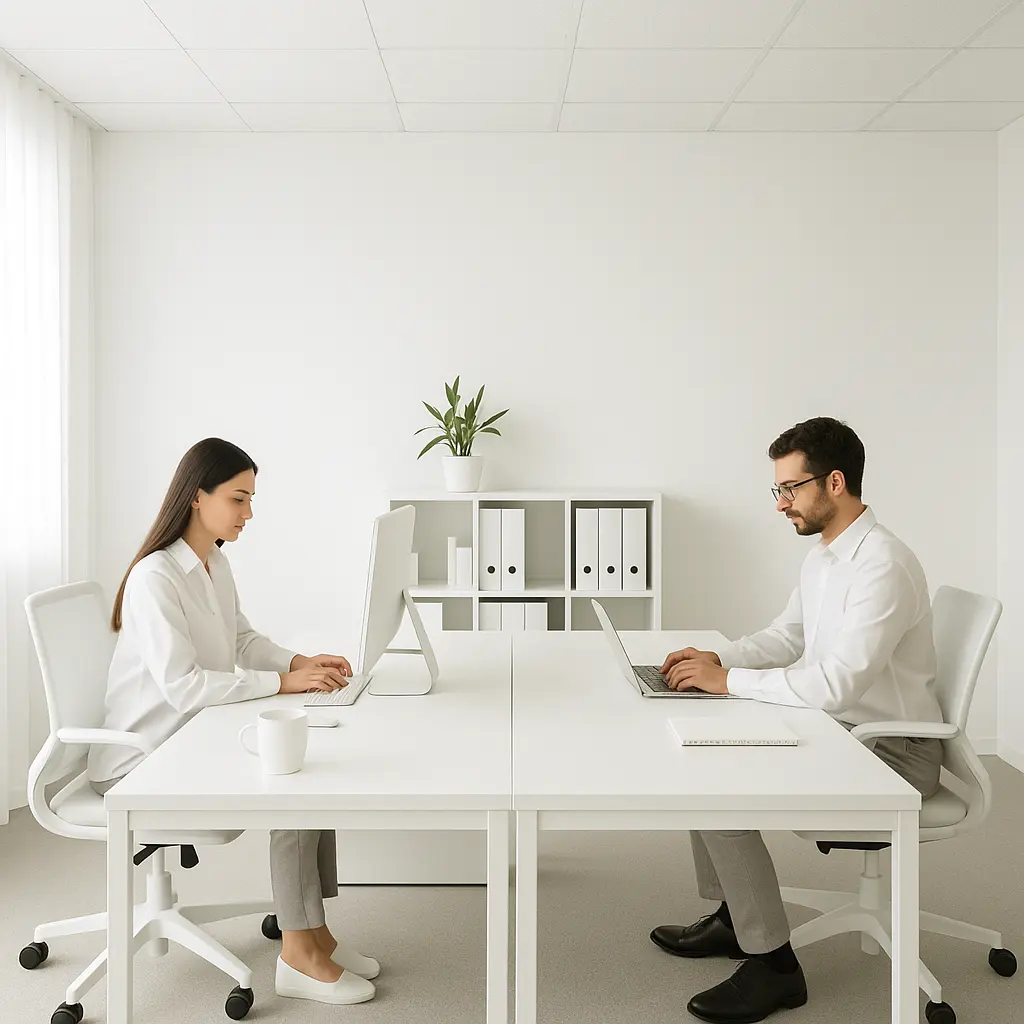 A lady and a man working in a white office with white office furniture
