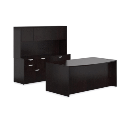 Offices To Go Laminate Typical Executive Desk, Lateral Files And Closed Overhead Hutch