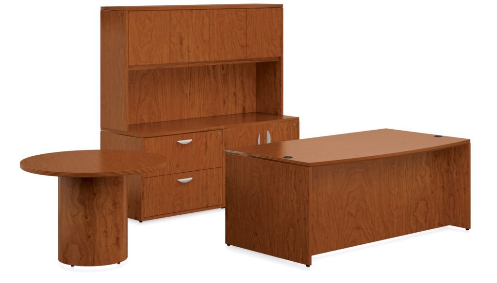 Ventnor Offices To Go Veneer Typical Executive Desk, Hutch and Round Table