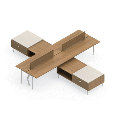 Global Sidebar 4-Person Modular Benching Desk System With Credenza, Partial Privacy Workstations with File and Supply Storage