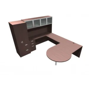 Jade Typical P-shaped (Right) Executive Desk With Glass Panel And Metal Leg, Credenza, Wardrobe/Pedestal Storage Combo And Storage Hutch With Glass Doors