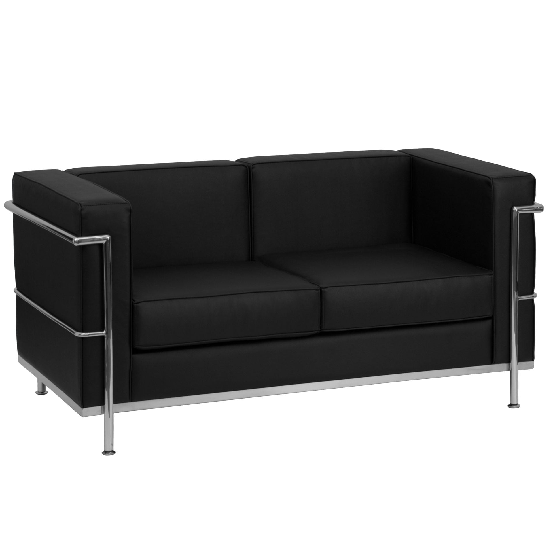 Modern Chrome and Black Leather reception loveseat