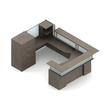 Zira Reception Desk With Extended Pedestal Desk, High File Storage Cabinet And Glazed Privacy Panels