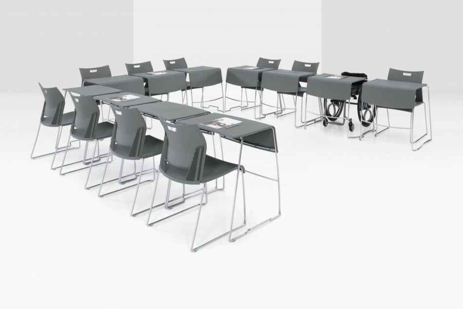 u-shaped training tables set up for classroom