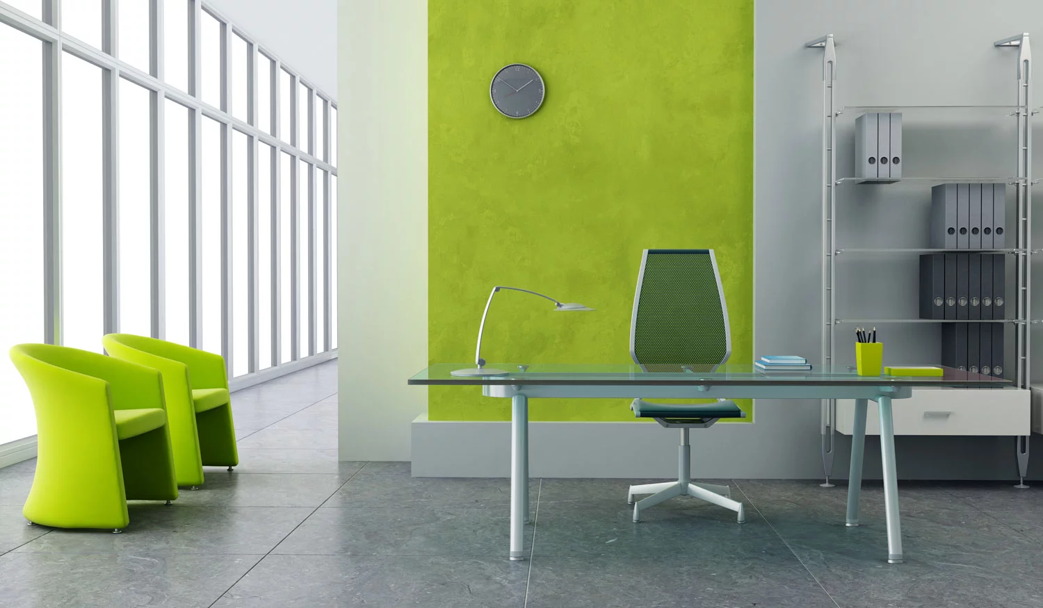 modern office design in lime green and metal