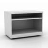 Quarter view of an ICON rolling bookcase in white.