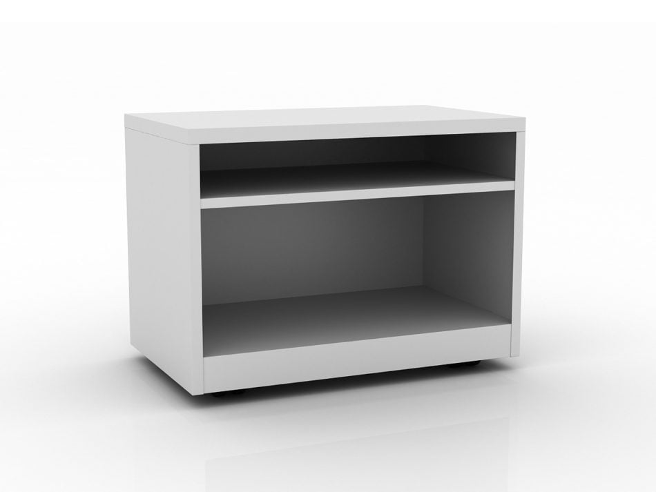Quarter view of an ICON rolling bookcase in white.