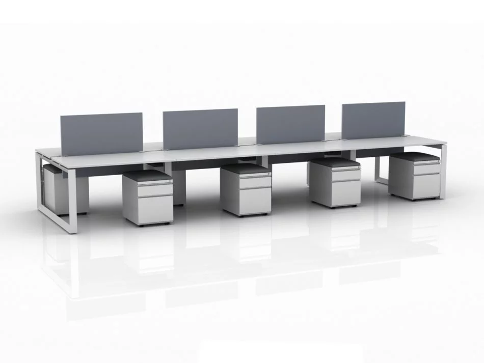 ICON 8-Pack Double Run Benching, with white background. Each workstation has pedestal drawers, to the user's right. This is our 48x30 inch bench, model IC011.