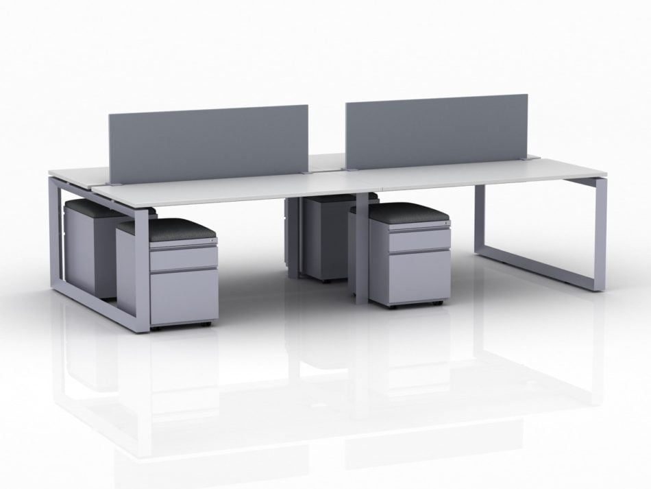 ICON 4-Pack Double Run Benching, with white background. Each workstation has pedestal drawers, to the user's right. This is our 60x30 inch bench, model IC013.