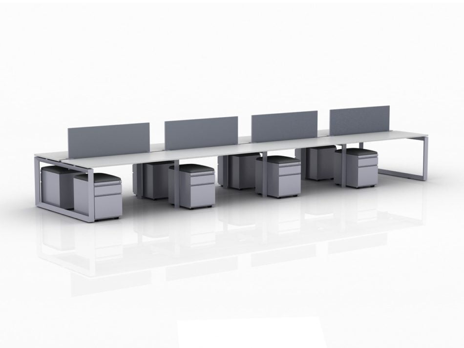 ICON 8-Pack Double Run Benching, with white background. Each workstation has pedestal drawers, to the user's right. This is our 60x30 inch bench, model IC015.