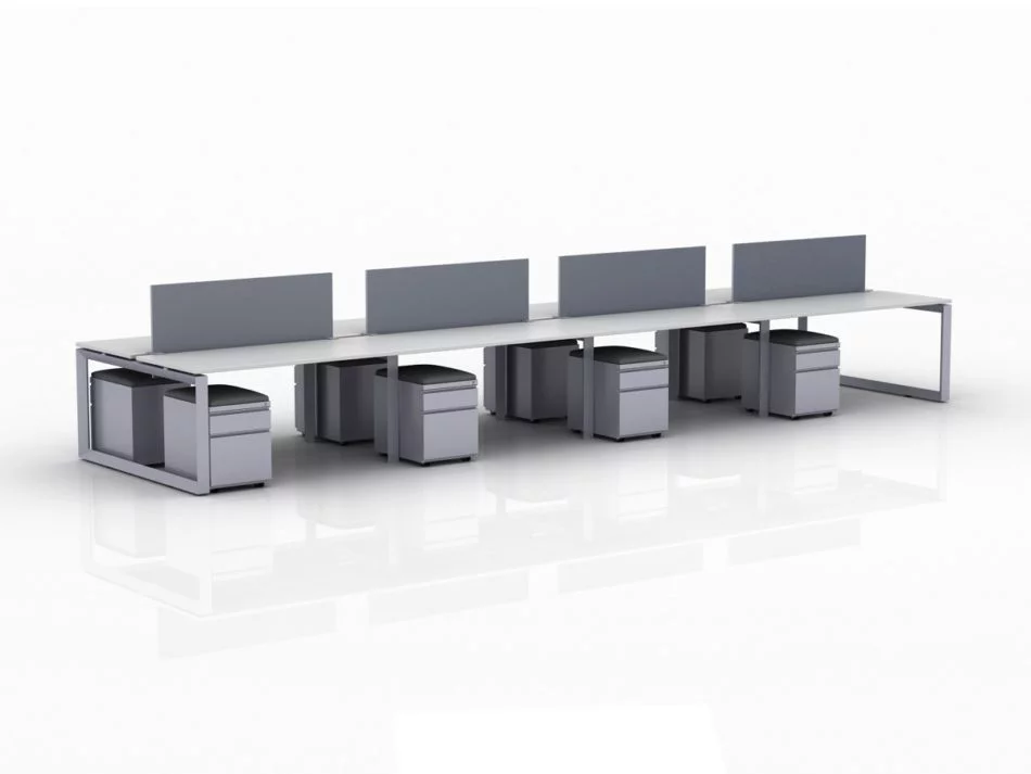 ICON 8-Pack Double Run Benching, with white background. Each workstation has pedestal drawers, to the user's right. This is our 60x30 inch bench, model IC015.