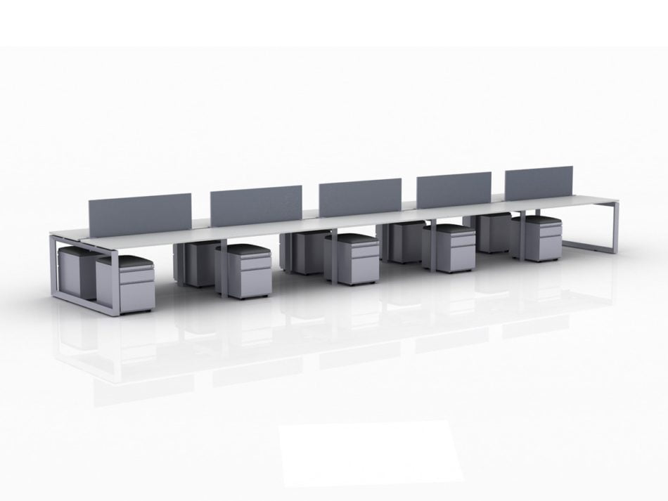 ICON 10-Pack Double Run Benching, with white background. Each workstation has pedestal drawers, to the user's right. This is our 60x30 inch bench, model IC016.