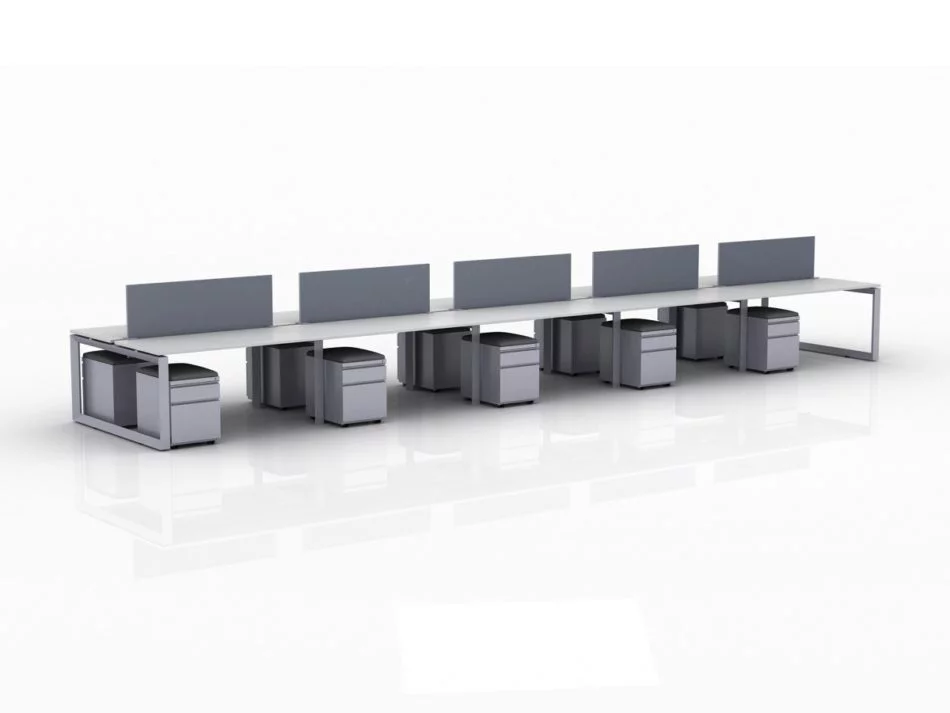 ICON 10-Pack Double Run Benching, with white background. Each workstation has pedestal drawers, to the user's right. This is our 60x30 inch bench, model IC016.