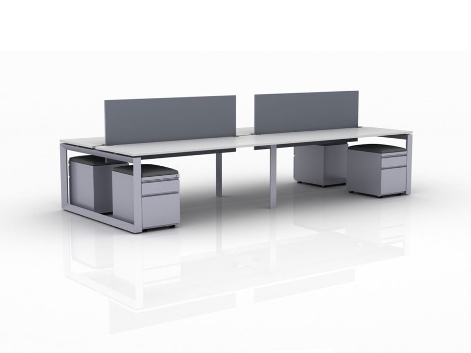ICON 4-Pack Double Run Benching, with white background. Each workstation has pedestal drawers, to the user's right. This is our 72x30 inch bench, model IC017.