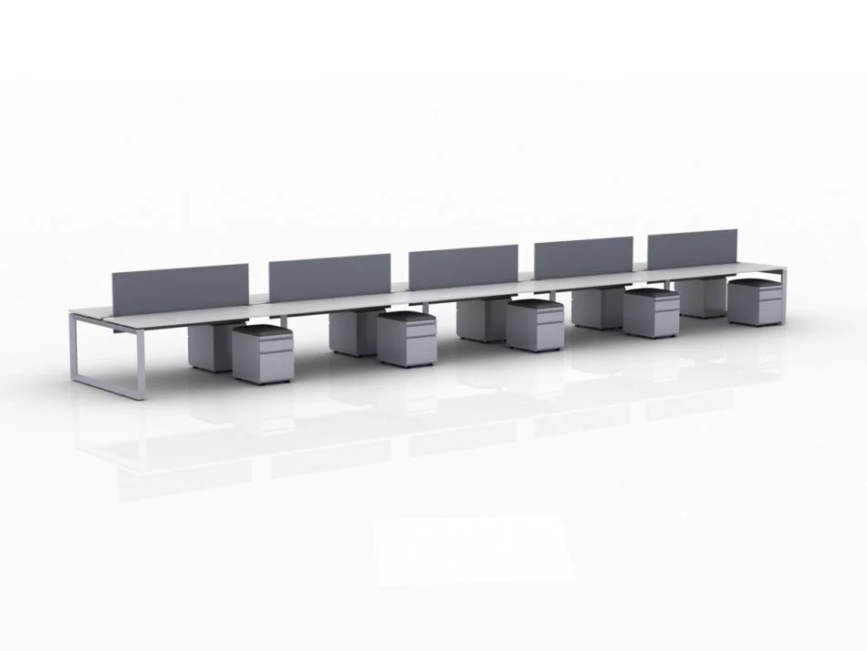 ICON 10-Pack Double Run Benching, with white background. Each workstation has pedestal drawers, to the user's right. This is our 72x30 inch bench, model IC020.