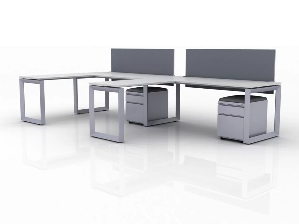 ICON 2-Pack Single Run Benching, with two 42x24 inch returns jutting out. Pedestal drawers are placed just underneath. This is our 72x30 inch bench, model IC024.
