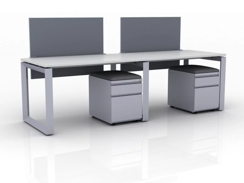 ICON 2-Pack Single Run Benching, with white background. Each workstation has pedestal drawers, to the user's right. This is our 48x30 inch bench, model IC026.