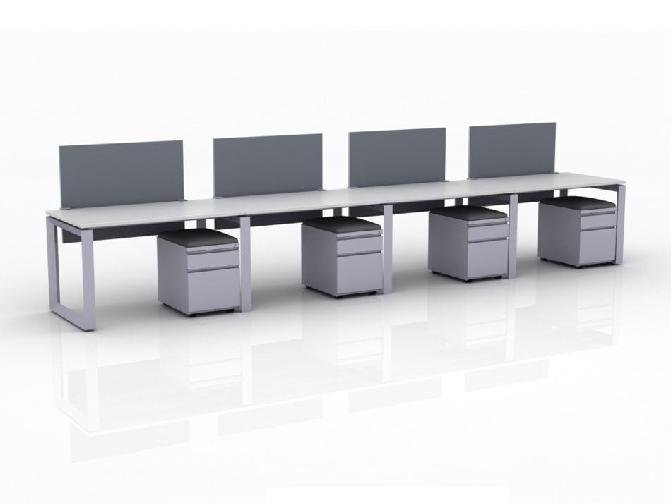 ICON 4-Pack Single Run Benching, with white background. Each workstation has pedestal drawers, to the user's right. This is our 48x30 inch bench, model IC028.