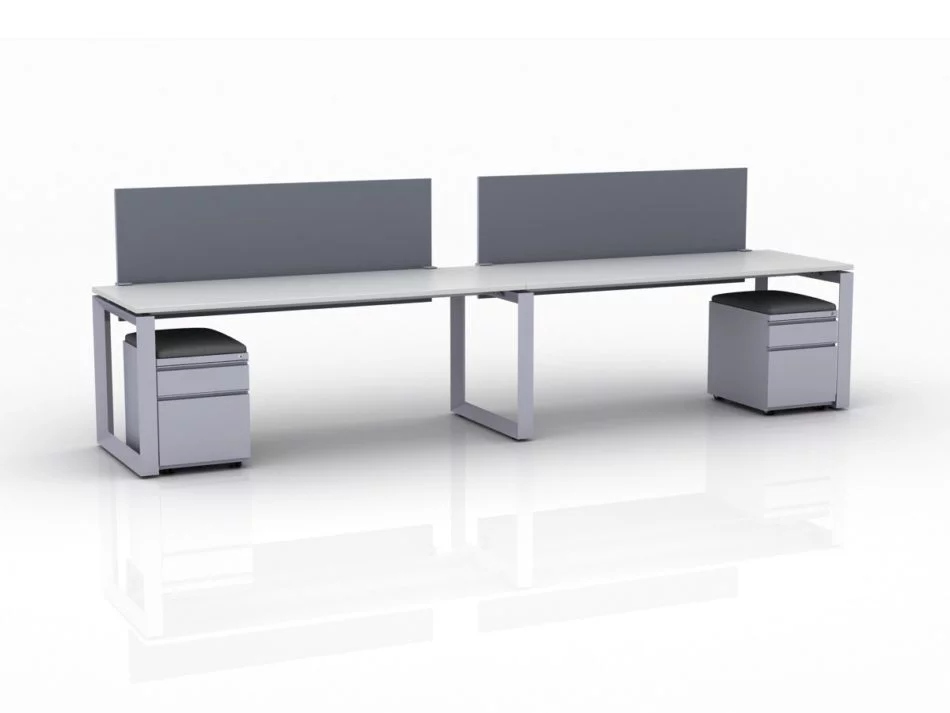 ICON 2-Pack Single Run Benching, with white background. Each workstation has pedestal drawers, to the user's right. This is our 72x30 inch bench, model ICO33.