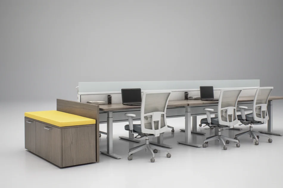 Evolve Power Beam Workstations with Middle Credenzas, Glasstop Dividers with Laminate - EPB513