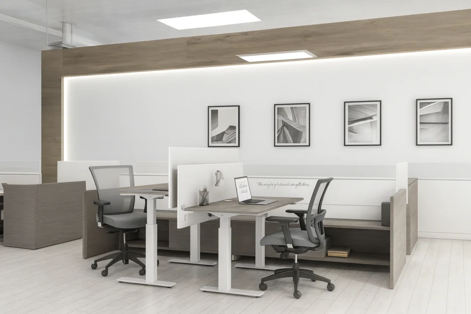 Evolve Power Beam Workstations with Middle Credenzas, Glasstop Dividers with Laminate - EPB513