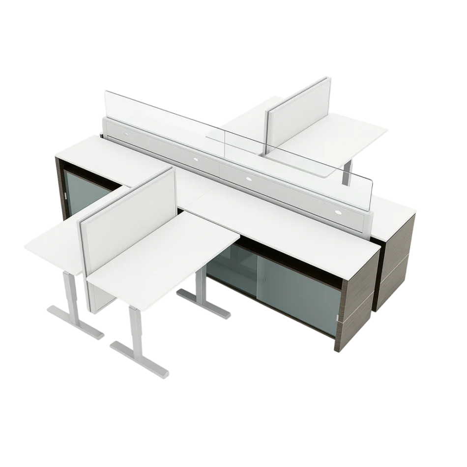 Evolve Power Beam L-Shaped Workstations with Side and Front Privacy, Credenza and Storage with Sliding Glass Doors, L-Shape - EPB529