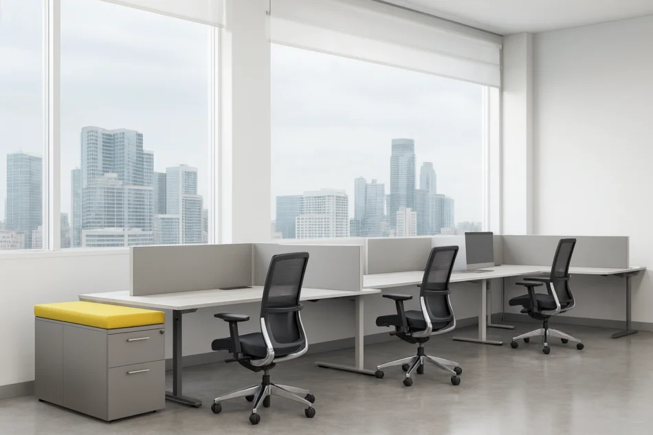 Evolve Power Beam L-Shaped Workstations with Side and Front Privacy, Credenza and Storage with Sliding Glass Doors, L-Shape - EPB529