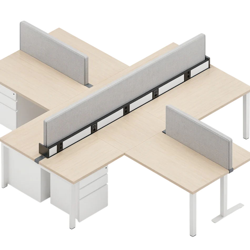 Evolve Power Beam L-Shaped Workstations with Side and Front Privacy, Credenza and Storage with Sliding Glass Doors, L-Shape - EPB529