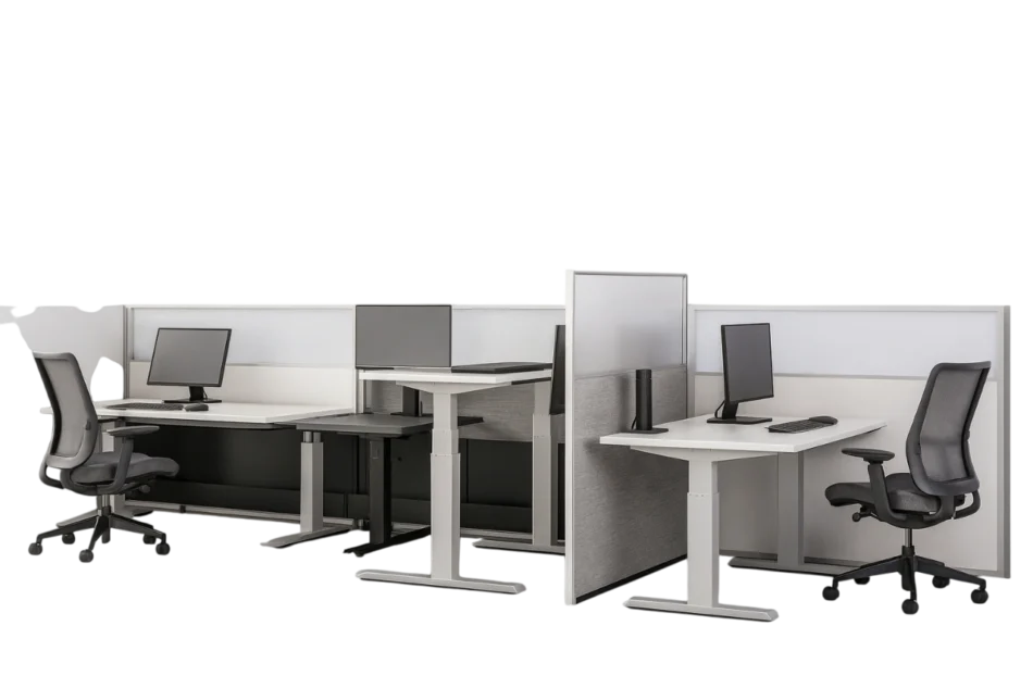 Evolve Power Beam L-Shaped Workstations with Side and Front Privacy, Credenza and Storage with Sliding Glass Doors, L-Shape - EPB529