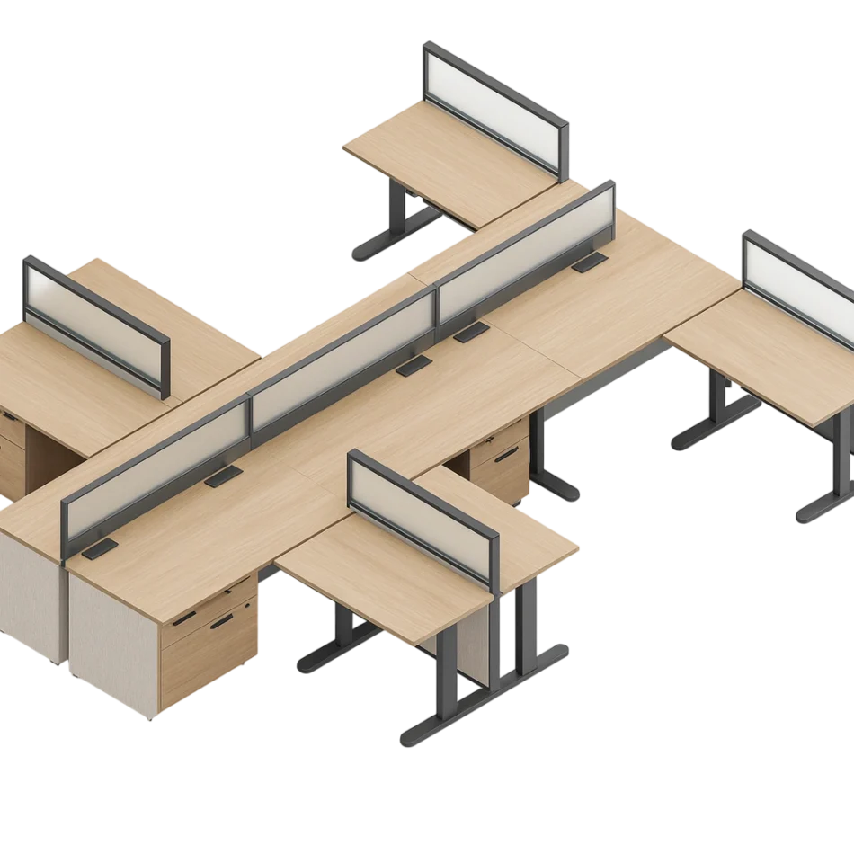 Evolve Power Beam L-Shaped Workstations with Side and Front Privacy, Credenza and Storage with Sliding Glass Doors, L-Shape - EPB529
