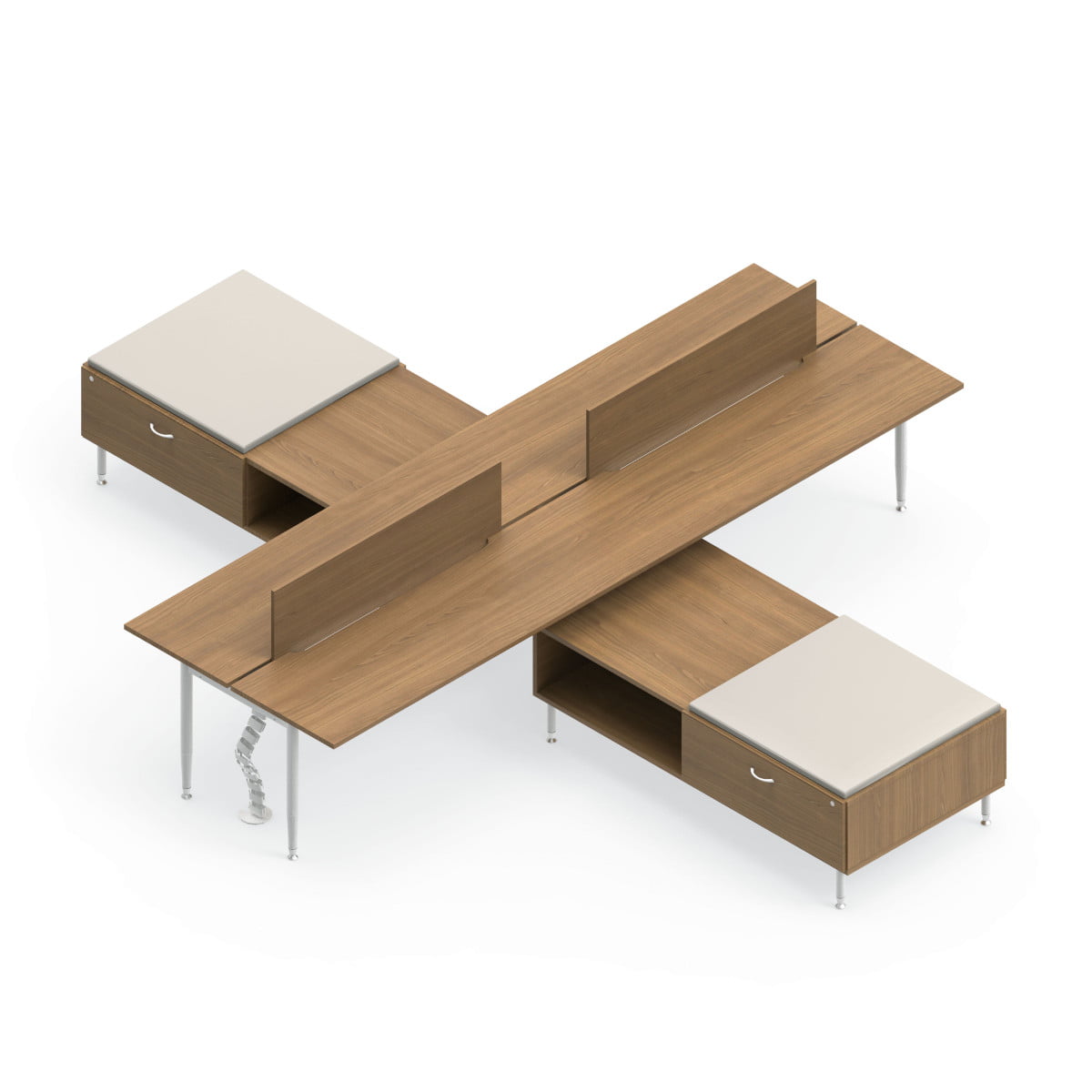 Global Sidebar 4-Person Benching, with modesty panels in place. It is on a white background. Generously sized credenza's are placed between each station, on both sides.