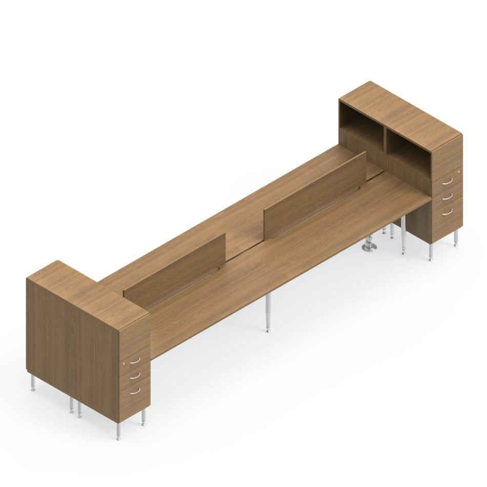 Global Sidebar 4-Person Benching, with modesty panels in place. It is on a white background. At each end is a storage tower with three drawers and an open shelf facing the user.