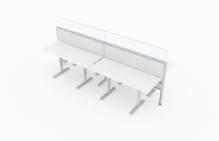 4-Person work area, which include a solid glass topped panel for some privacy between workstations. It is placed/rendered on a white background. Model is EPB509.