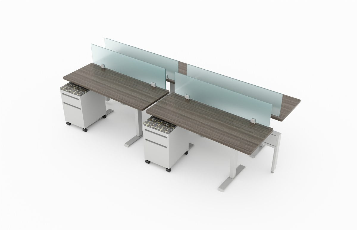 4-Person set of workstations, using a full glass panel for privacy in a double run. Mobile pedestal drawers are underneath each seating. It is rendered on a white background. Model is EPB510.