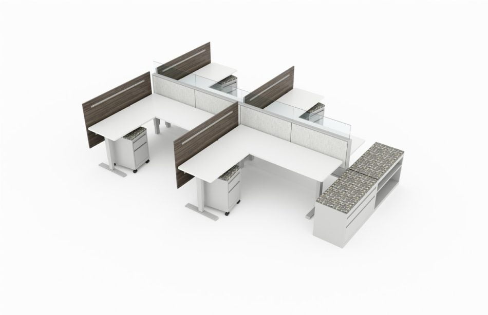 4-Person set of L-shaped workstations. Frameless glass pieces make up the top of the partition. Mobile pedestal drawers are underneath each seating, with metal storage drawers and shelves placed at the end. This is rendered on a white background. Model is EPB511