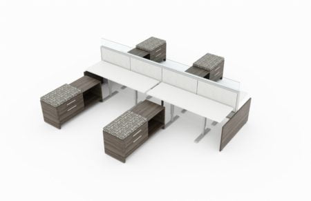 4-Person set of L-shaped workstations, using a glass topped privacy panel in front. Metal storage drawers are placed to one side, the bridge connecting and adding more working surface. Storage is topped with fabric contrasting the Acajou end paneling. It is placed on a white background. Model is EPB512.