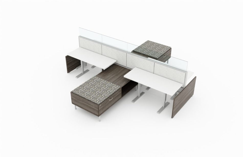 4-Person work area with Acajou end panels. Frameless glass pieces make up the top of the partition. A long surface break up the middle, forming double sided credenzas.. It is rendered on a white background. Model is EPB513.