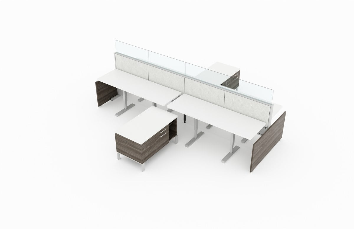 4-Person work area with Acajou end paneling. Breaking up each workstation is a credenza, offering covered shelving and a larger drawer. Frameless glass pieces make up the top of the partition.It is placed on a white background. Model is EPB514.