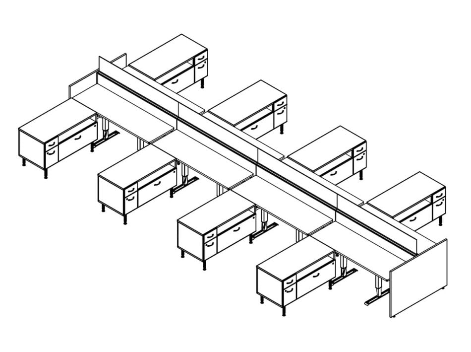 Technical drawing of EPB , configured in a double run for 8 people.. Each station is L shaped, with a wide credenza to the side.