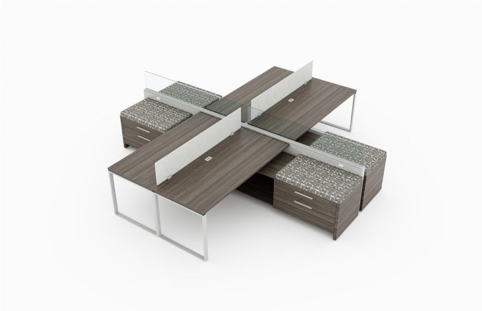 4-Person Set of Tables, with credenza returns intersecting at the center. It is rendered on a white background.