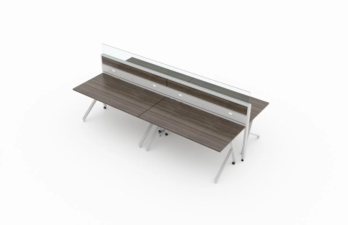 4-Person group work area, using Junction tables. The front raceway is given acajou panels which match the tabletop. The privacy wall is topped with a glass panel. It is placed on a white background. Model is EPB525.