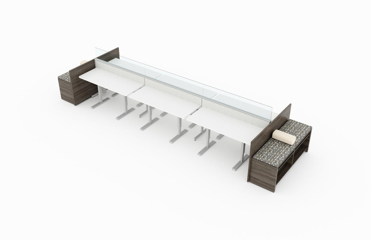6-Person work area with Acajou end panels. Frameless glass pieces make up the top of the partition. At each end is a fabric topped set of shelving. It is rendered on a white background. Model is EPB531.