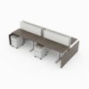 4-Person work area, which include a solid panel for some privacy between workstations on each side. Mobile pedestal drawers are underneath each seating, with metal storage drawers and shelves placed at the end. It is rendered on a white background. Model is EPB534.