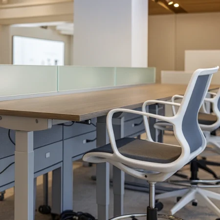 Evolve Power Beam Workstations with Middle Credenzas, Glasstop Dividers with Laminate - EPB513