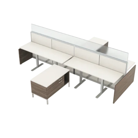 Evolve Power Beam Workstations with End Runs and Glass-Topped Metal Laminate Panels, Incl. Two Double Sided Credenzas - EPB514