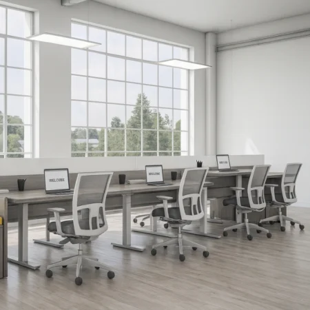 Evolve Power Beam Workstations with Metal and Laminate Privacy Panels, End Desking - EPB506
