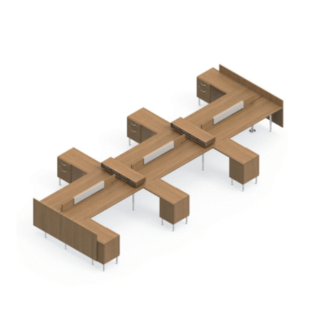 Global Sidebar 6-Person Benching Left-Side Returns, Partial Privacy with End Run, Office Supply Storage with Pidegeonhole Shelves, Filing Clerical