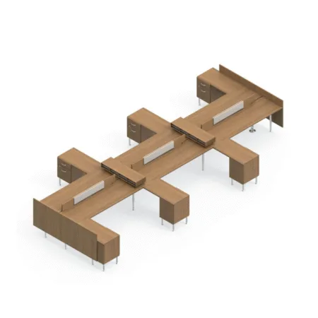 Global Sidebar 6-Person Benching Left-Side Returns, Partial Privacy with End Run, Office Supply Storage with Pidegeonhole Shelves, Filing Clerical
